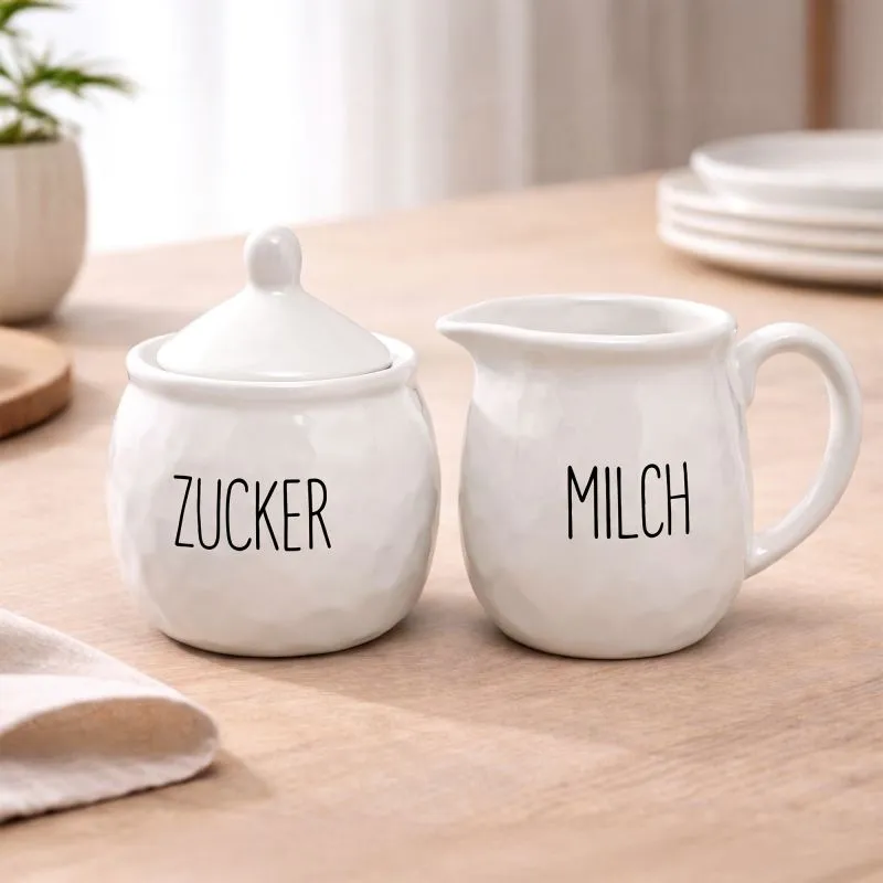 PURWERK Milch und Zucker Set Weiß Keramik – Hammerschlag-Design