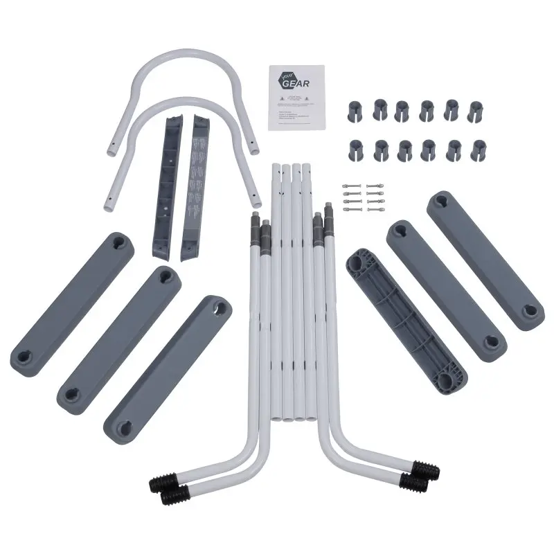 yourGEAR PL90 pool ladder kit for above ground pools up to 90 cm wall height, includes white metal tubes, grey plastic steps, connectors, screws, and assembly instructions, all parts laid out for assembly.