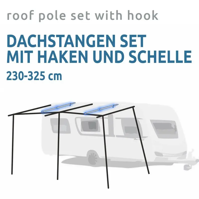 Juego de 2 barras de techo telescópicas de aluminio con ganchos y abrazaderas, longitud ajustable de 230 a 325 cm, ideal para refuerzo de avance en caravanas, mostrado en estructura de toldo.