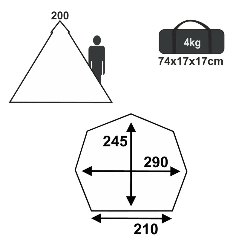 Schéma du tipi your GEAR Lido 290 pour 3 personnes : hauteur 200 cm, dimensions intérieures 290x245x210 cm, sac de transport 74x17x17 cm, poids 4 kg. Idéal camping, tente spacieuse et compacte.
