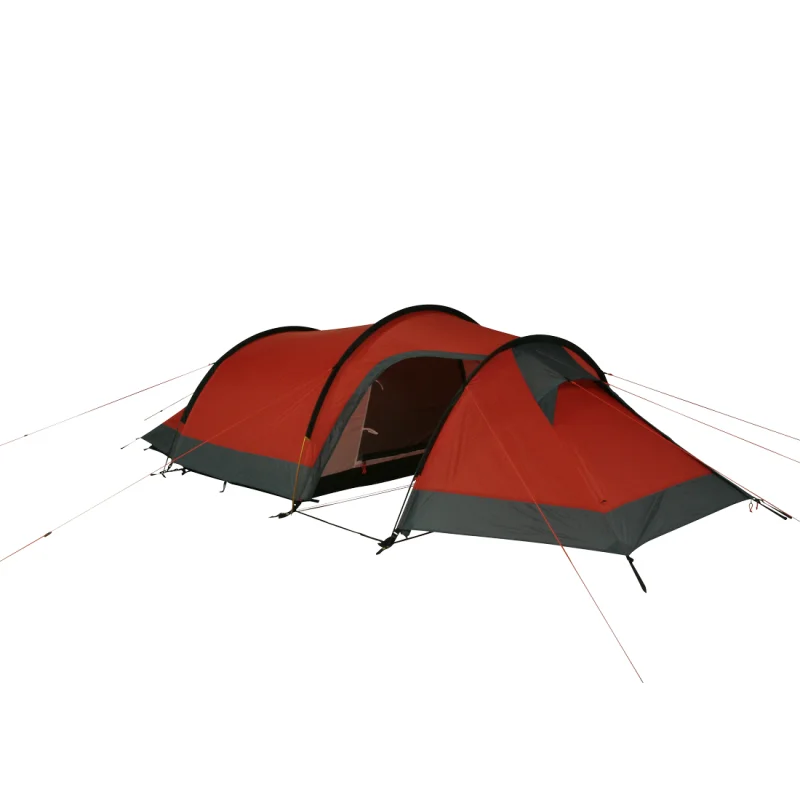 Tente de trekking 10T Silicone Valley pour 3 personnes, imperméable 5000 mm, forme tunnel, rouge et gris, double toit siliconé, entrée frontale, haubans visibles, idéale pour camping et randonnée.