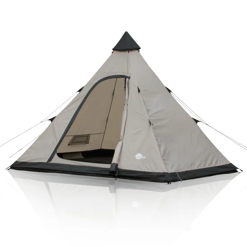 Tente tipi your GEAR Lido 370 pour 4 personnes, forme pyramidale, entrée large, sol cuvette cousu, moustiquaire intégrée, tissu imperméable beige 5000 mm, hauteur debout, idéale pour le camping en famille.