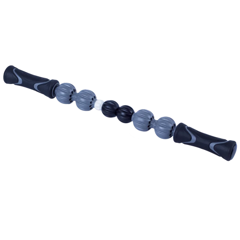 Bâton de massage musculaire Spirit avec poignées ergonomiques noires et rouleaux gris et noirs texturés, idéal pour l’auto-massage, la récupération musculaire et la détente après le sport.
