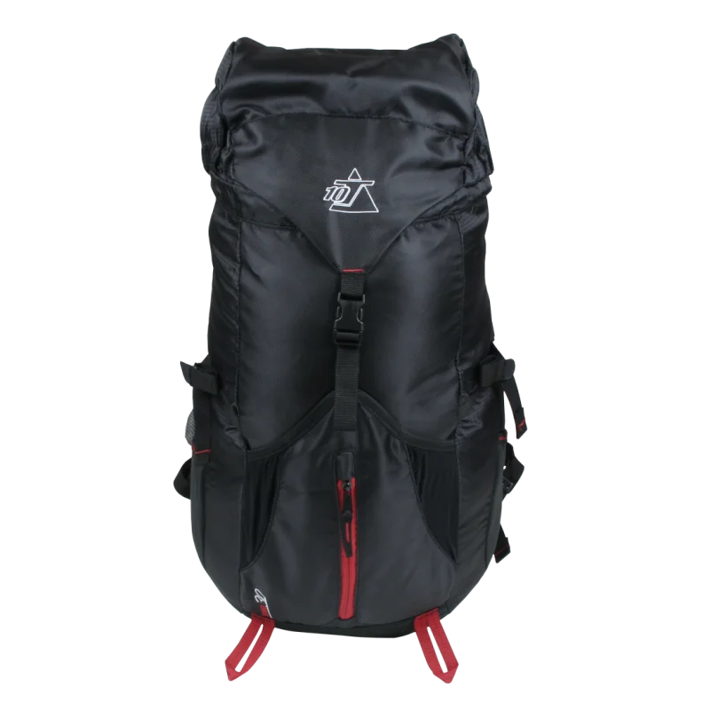 Mochila 10T Towa de 30L negra para senderismo, con logo en la parte superior, correas ajustables, bolsillo frontal con cremallera roja y detalles reflectantes, ideal para trekking y actividades al aire libre.