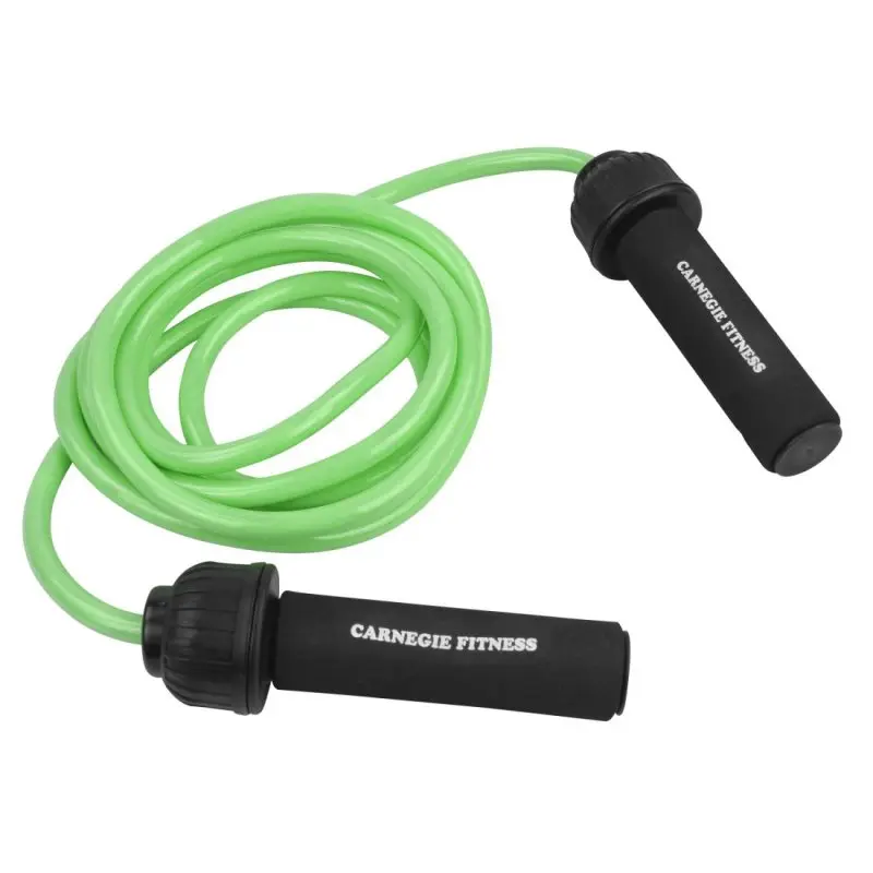 Carnegie Supa Rope skipping rope and resistance band with green 3-meter cord and black foam-padded handles, labeled "Carnegie Fitness," ideal for fitness, Crossfit, and functional training.
