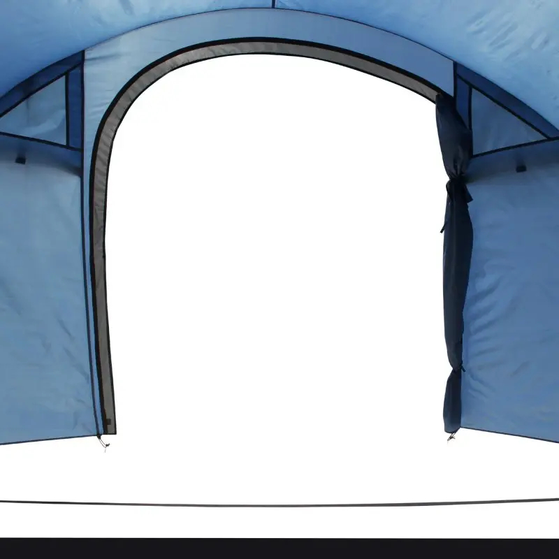 Entrada lateral abierta de la tienda your GEAR Cetona 5 azul y gris, mostrando parte del interior espacioso y la tela resistente, ideal para familias y acampadas, con altura para estar de pie.