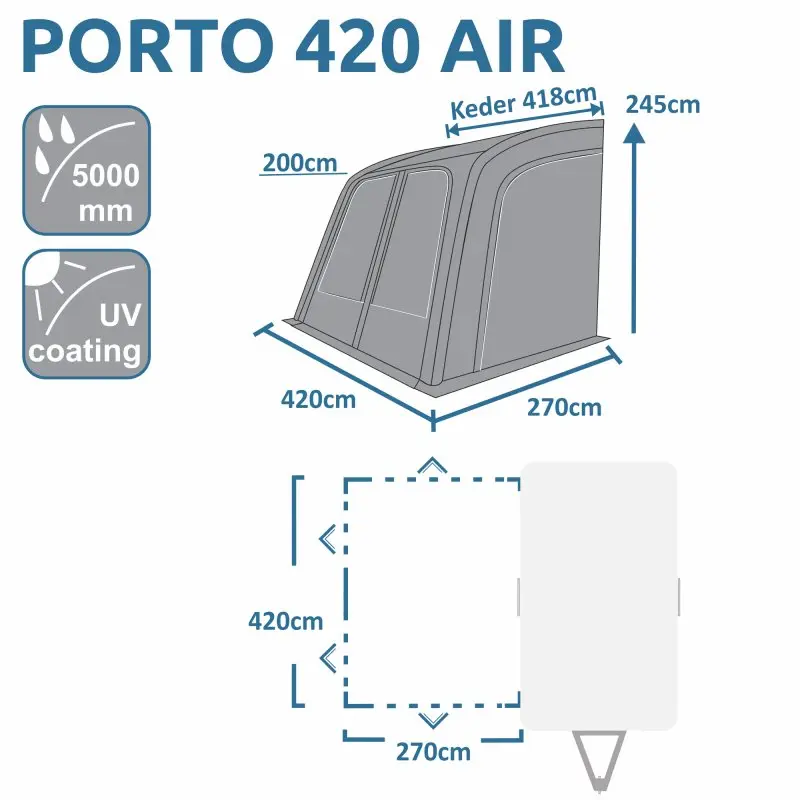 Auvent gonflable your GEAR Porto 420 Air pour caravane, dimensions 420x270x245 cm, triple jonc, imperméabilité 5000 mm et protection UV. Schéma de montage et mesures visibles sur l’image.