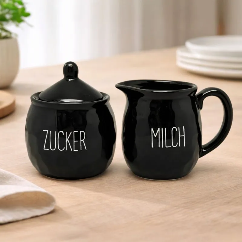 PURWERK Milch und Zucker Set Schwarz Keramik – Hammerschlag-Design