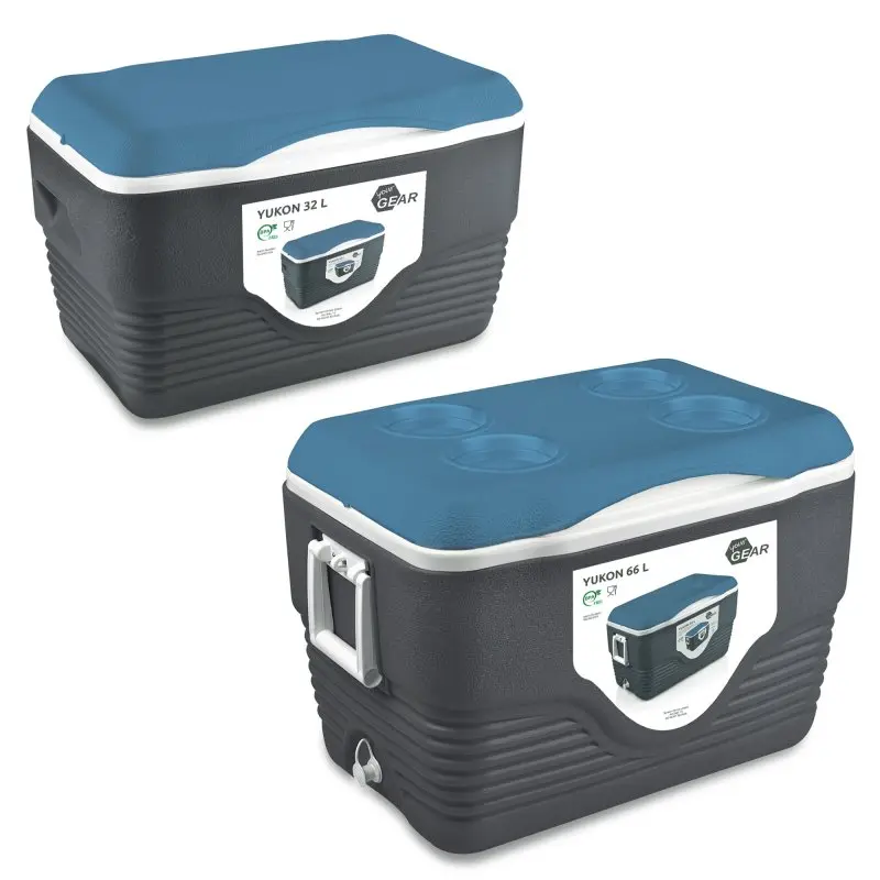 Set de 2 neveras your GEAR Yukon de 66 L y 32 L, color azul y negro, con tapas aislantes, asas laterales y detalles de diseño robusto, ideales para conservar el frío durante más de 47 horas.