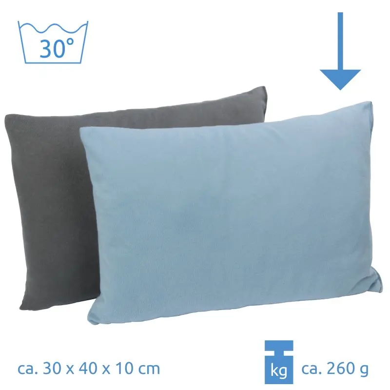 Oreiller de voyage 10T Deluxe bleu et gris 40x30x10 cm en microfibre douce, lavable à 30°C, léger (260g), idéal pour le camping et les déplacements. Indications de taille et poids visibles.
