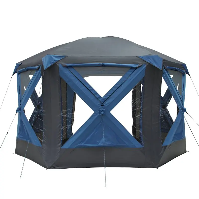 Tente pop-up yourGEAR Levanzo 8,5 m², forme octogonale, couleur bleu-gris, grandes fenêtres avec moustiquaires, structure robuste, idéal pour 4-6 personnes, usage camping ou pavillon de jardin, imperméable.