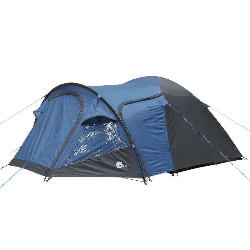 yourGEAR Posada 4 Kuppelzelt für 4 Personen in Blau-Grau mit großem Vorbau, zwei Eingängen, verschließbarem Fenster und Belüftung, wasserdicht bis 3000 mm, Seitenansicht aufgespannt.