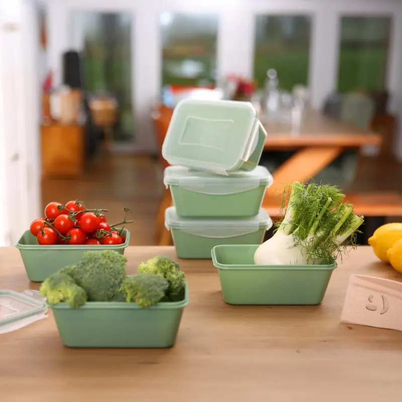 Set de 6 boîtes alimentaires your GEAR Pila de 700 ml avec couvercles, empilables, vert clair, en plastique sans BPA. Idéal pour conserver fruits et légumes. Boîtes visibles sur une table de cuisine.