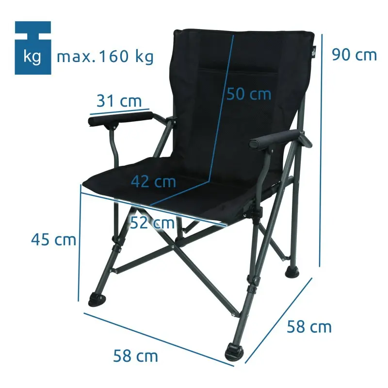 Campingstuhl your GEAR Pesaro, schwarz, mit gepolsterter 3D Mesh-Sitzfläche, Armlehnen, klappbar, Maße 90x58x58 cm, belastbar bis 160 kg, TÜV geprüft, ideal für Camping und Outdoor-Einsatz.