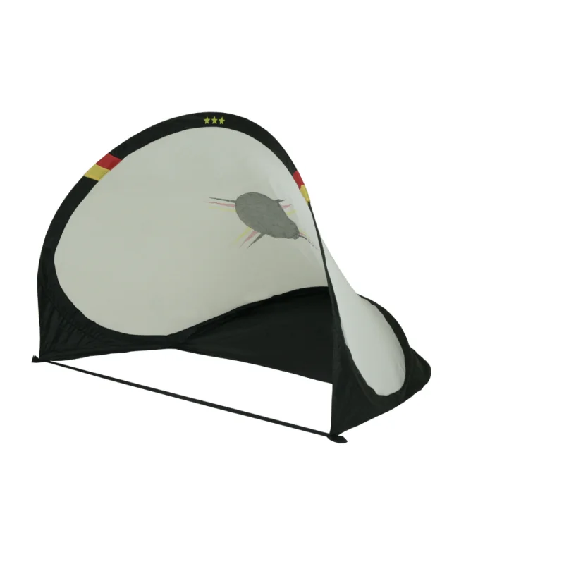 Pop-up soccer goal 120x90cm by 10T Outdoor Equipment, black frame with German flag colors and three stars, portable and self-erecting, ideal for garden or travel, suitable for kids and adults.