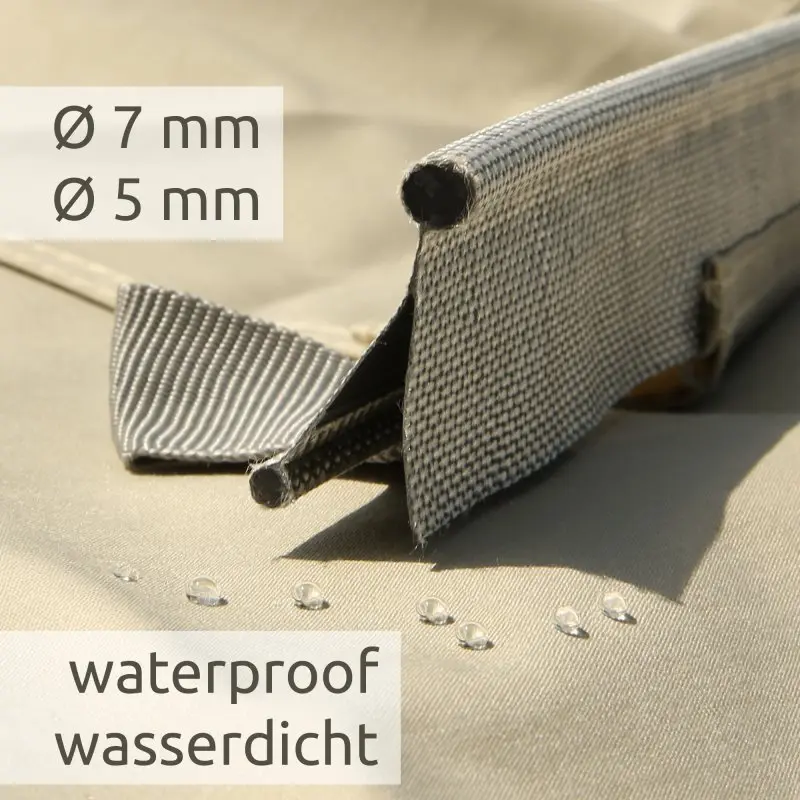 Beiges your GEAR Caravan Tarp TC Sonnensegel aus Baumwollmischgewebe, zeigt 7 mm und 5 mm Keder für Wohnwagen, wasserabweisende Oberfläche mit Wassertropfen, Hinweis „waterproof wasserdicht“.