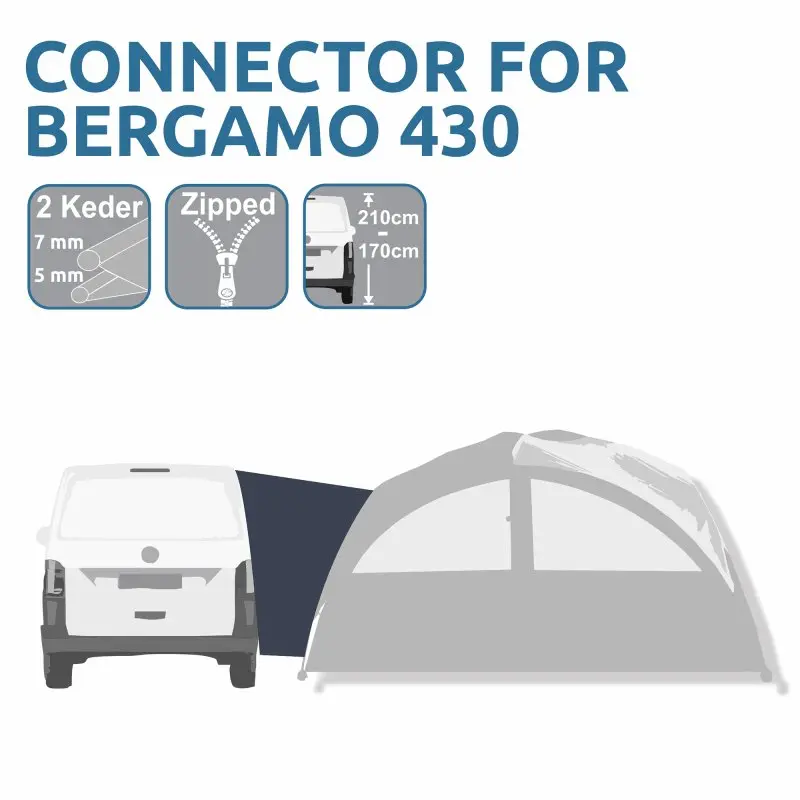 Alt-text: your GEAR Bergamo 430 Bus Connector shown as a dark connector piece between a van and a pavilion, with icons highlighting 2 keder (5/7 mm), zipper attachment, and height range from 170 to 210 cm.