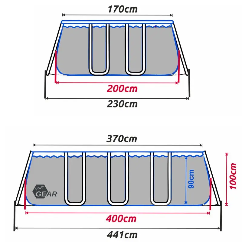 Piscina your GEAR famigliare rettangolare 4x2x1m, struttura in acciaio, liner grigio chiaro e bianco, dimensioni esterne 441x230x100 cm, interne 400x200x90 cm, ideale per giardino e bambini.