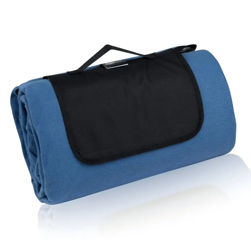 yourGEAR Blue XL picnic blanket, 200x200cm, shown rolled up with a black carrying handle and flap. Soft fleece top, insulated padding, and waterproof aluminum underside for outdoor use.