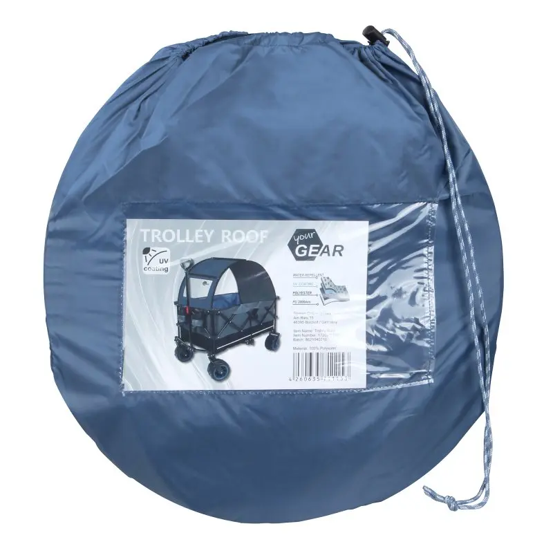 Housse de transport ronde bleue yourGEAR pour toit de chariot, avec fenêtre transparente affichant l’image d’un toit de protection pour Bollerwagen, idéale pour plage ou pique-nique, légère et facile à monter.
