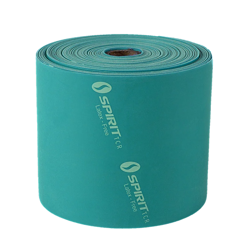 Teal Spirit Fitnessband latex-free resistance band roll, 22.8 meters long, 13.5 kg resistance, with "SPIRIT TCR Latex-Free" branding, suitable for versatile strength and rehabilitation training.