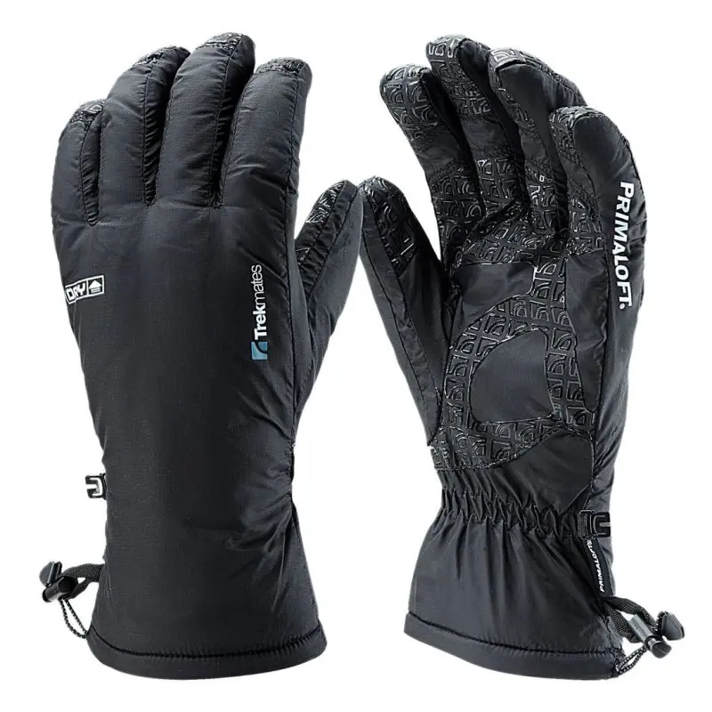 Trekmates Kinner XS women’s thermal gloves in black, featuring DRY waterproof breathable membrane, Primaloft insulation, textured palm grip, adjustable cuffs, and soft inner lining for warmth and comfort.