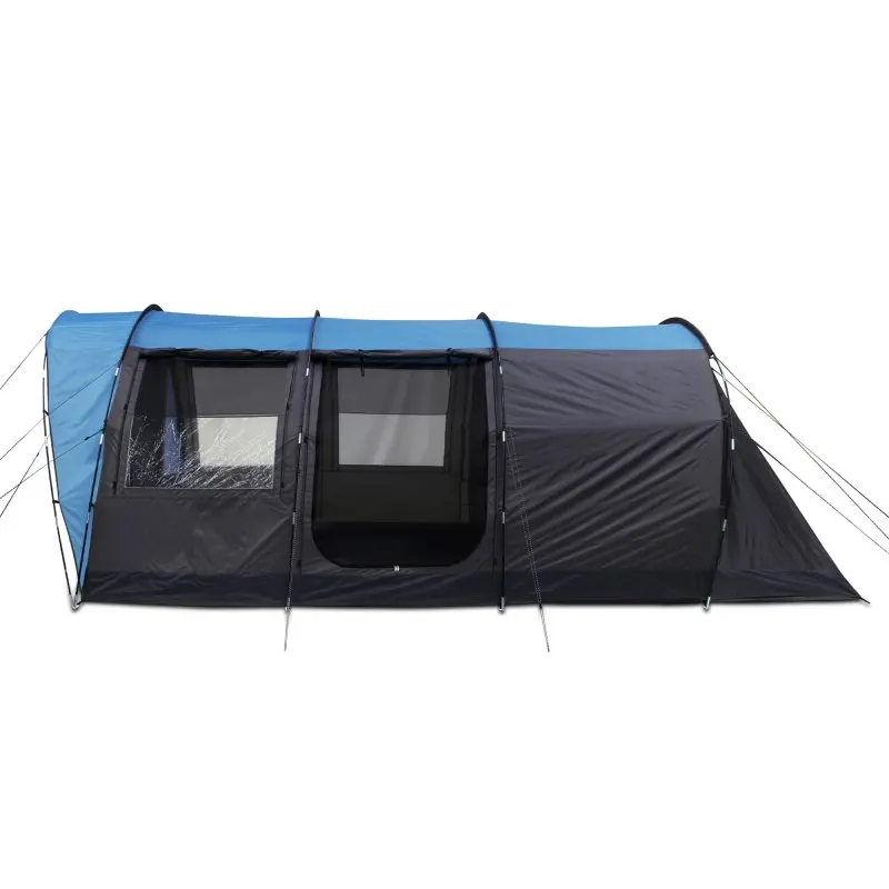 Tente tunnel your GEAR Bora 5 personnes, spacieuse avec grande hauteur, double entrée, fenêtres transparentes et moustiquaires, bâche de sol, toile bleue et noire, idéale pour le camping en famille.