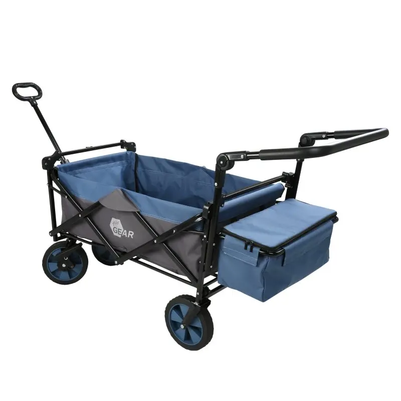 Faltbarer your GEAR Bollerwagen Cirrus XL in Blau-Grau mit Zug- und Schiebestange, Vollgummireifen, Kühltasche vorne und stabilem Metallrahmen, ideal für Outdoor, Camping, Garten oder Freizeit.