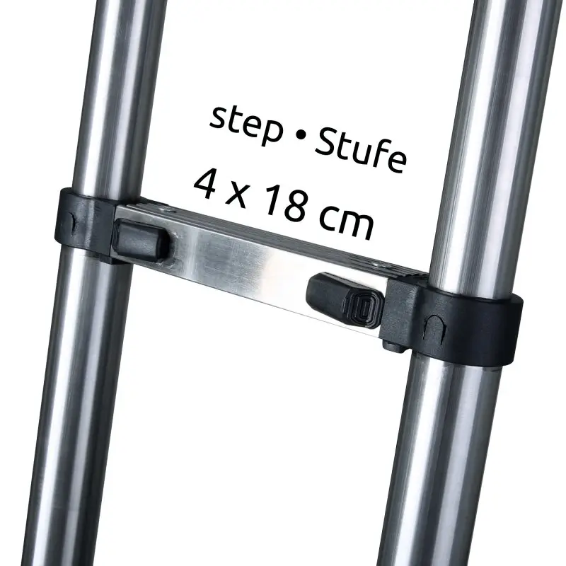 Particolare della scala telescopica your GEAR Pescara in acciaio, struttura stretta, piolo da 4 x 18 cm, ideale per tetto sollevabile di camper, furgoni e caravan.