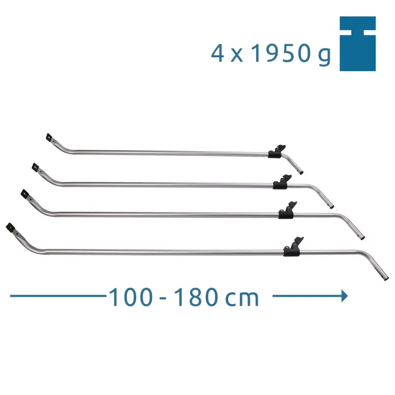 Vier teleskopierbare Aluminiumstangen für Wind- und Sichtschutz, matt eloxiert, je 100–180 cm ausziehbar, mit Schnellspannern, geeignet für stabile Befestigung, Gewicht 4 x 1950 g.