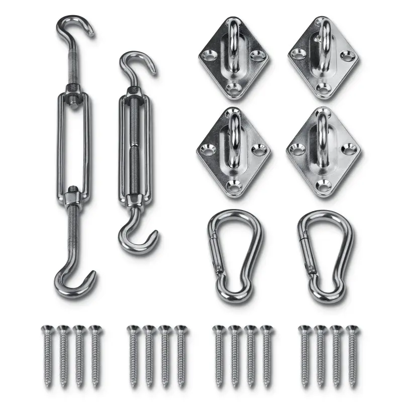 Kit de montage yourGEAR Fix-It Tarp en acier inoxydable pour voile d'ombrage, comprenant tendeurs, mousquetons, platines murales et vis, idéal pour fixation sur mur, poteau ou clôture, 24 pièces.