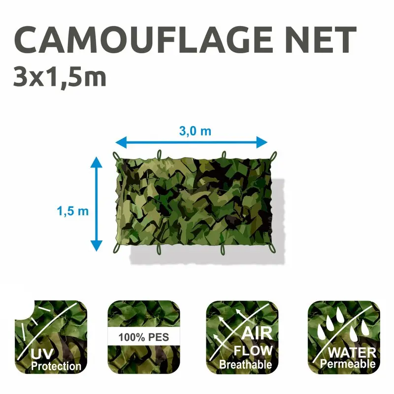 Filet de camouflage yourGEAR 1,5 x 3 m, motif camouflage vert, résistant aux UV, perméable à l'air et à l'eau, 100% polyester, idéal pour l'extérieur, la protection solaire, la chasse ou la décoration.