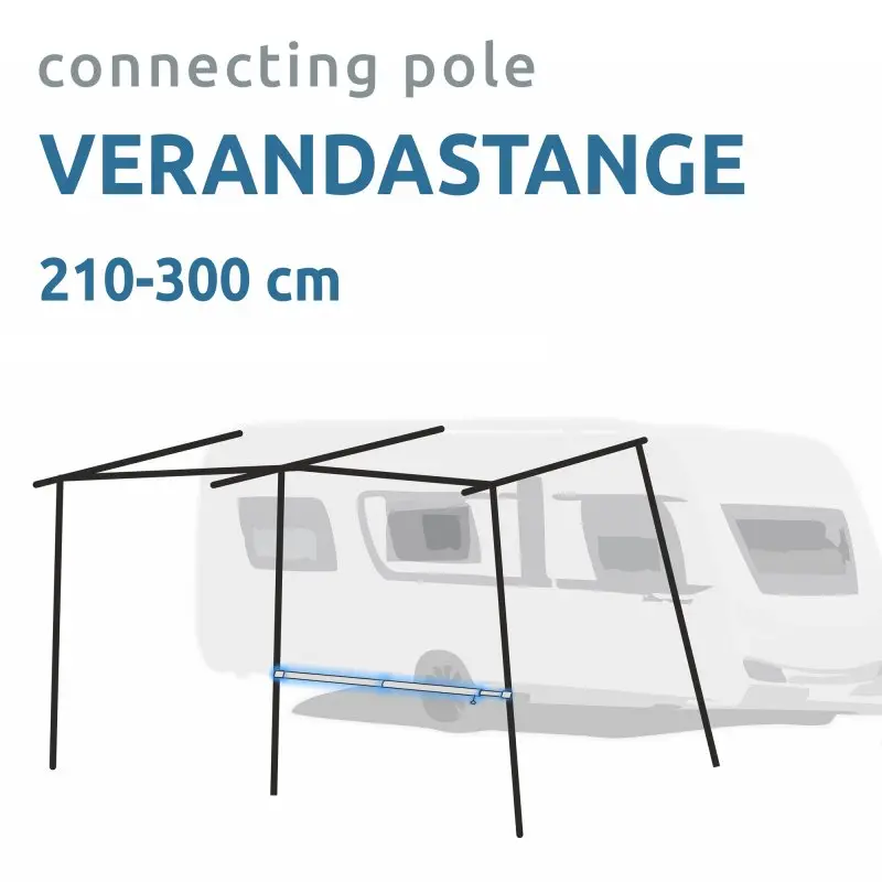 Telescopic aluminium veranda pole by your GEAR, adjustable from 210-300 cm, shown reinforcing an awning frame in front of a caravan; sturdy, matte finish, for awning poles 22-32 mm diameter.