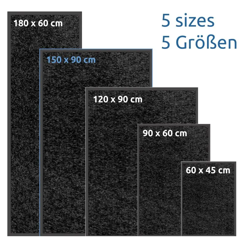 Tapis d’entrée yourGEAR anti-dérapant, lavable, effet velours, couleur anthracite, 150x90cm, présenté avec 5 tailles différentes pour usage intérieur et extérieur, résistant et facile à nettoyer.