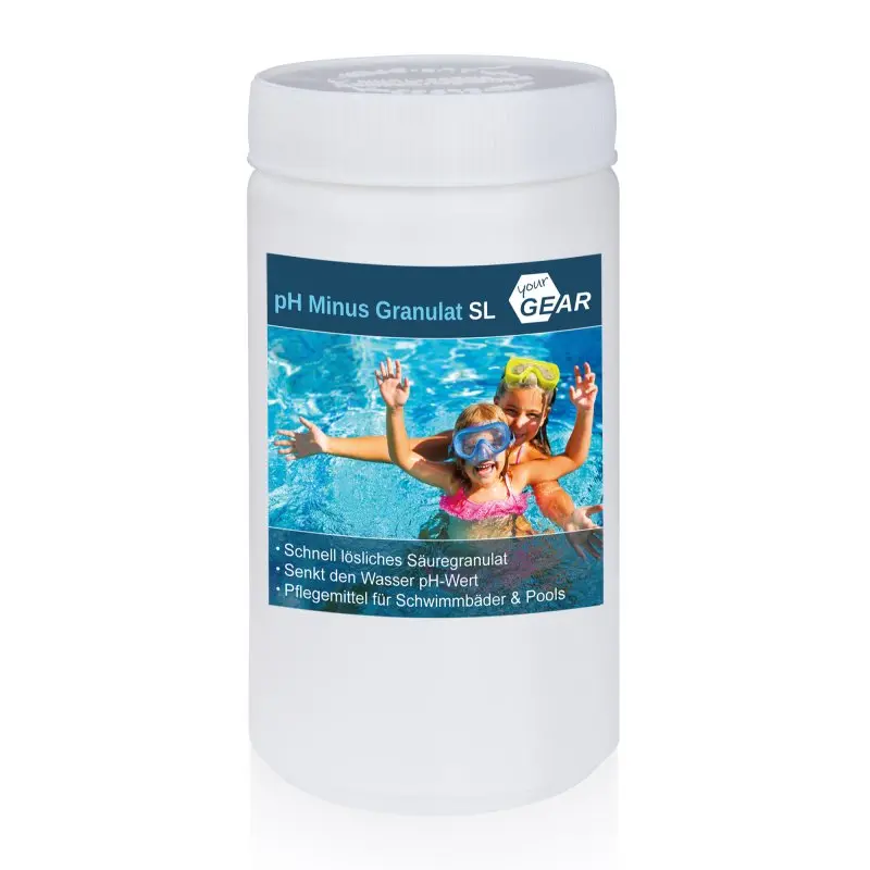 yourGEAR 1.5 kg pH Minus Granulat SL container, white with blue label, product for lowering pool water pH, featuring image of two children in a pool and key benefits listed on the front.