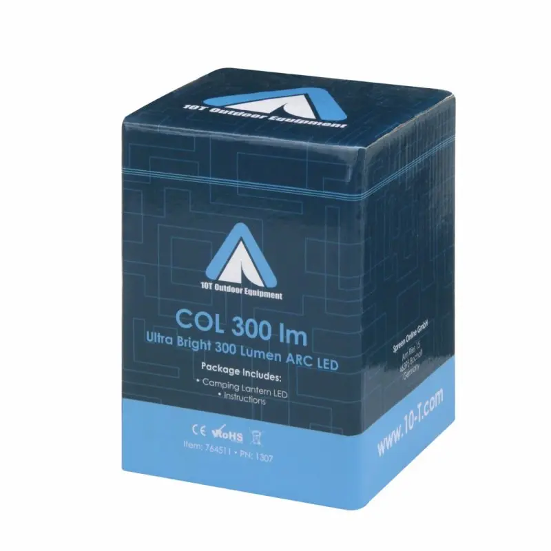 Blue box of 10T COL 300 camping lantern with 300 lumens, COB LED 5W, showing brand logo, product name, and package contents; suitable for outdoor lighting, waterproof, compact design.