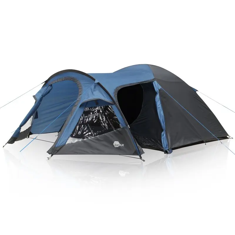 Blau-graues yourGEAR Kuppelzelt Posada 4 für 4 Personen mit großem Vorbau, seitlichem Eingang, verschließbarem Fenster und Lüftung; wetterfest mit 3000 mm Wassersäule, ideal für Camping und Outdoor.