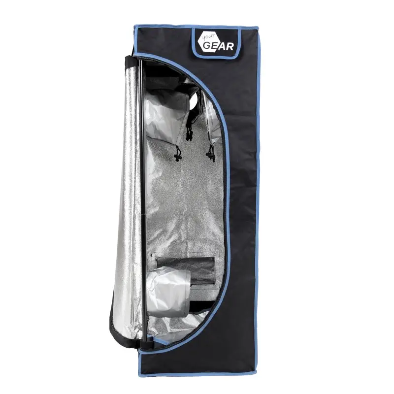 Growzelt yourGEAR Plantsville 40x40x120 cm, schwarz mit blauem Rand, teilweise geöffnete Tür, reflektierendes Innenmaterial, Belüftungsöffnungen, geeignet als Indoor Gewächshaus für Pflanzenanzucht.