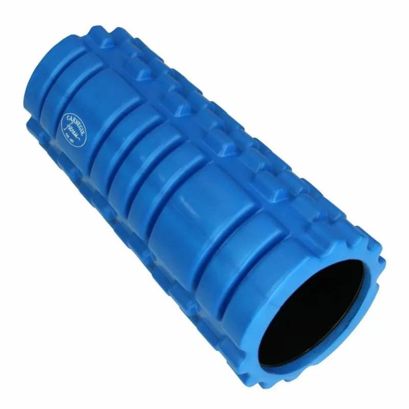 Rullo Pilates Carnegie Eva ø 33x13 cm, blu, superficie strutturata a griglia per massaggi e rilascio miofasciale, ideale per yoga, fitness e trattamento dei trigger point. Logo Carnegie visibile sul lato.