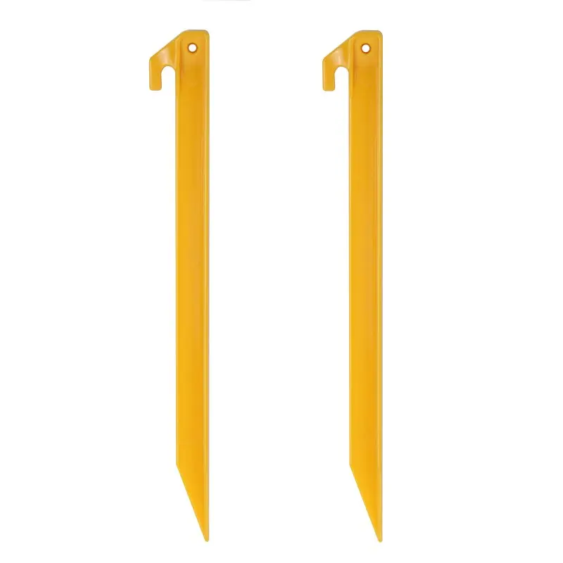 Two yellow ABS plastic tent pegs with T-profile, pointed tips, and hook top. Suitable for securing tents, tarps, and shelters. Each peg measures 20x20x300 mm. Durable outdoor camping accessory.