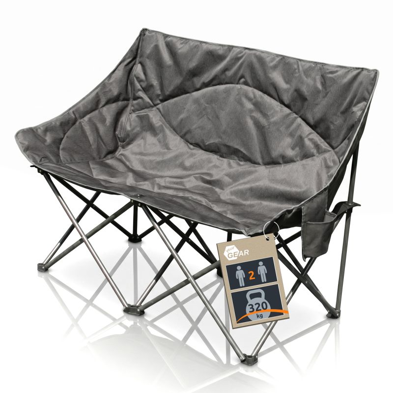 Sofá de camping XXL plegable your GEAR en tono gris, asiento y respaldo acolchados extra anchos para 2 personas, armazón de acero con patas cruzadas y soporte hasta 320 kg, bolsillo lateral y tela resistente 600D Oxford.