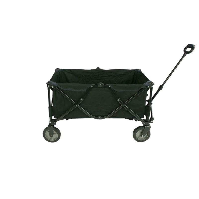 Bollerwagen pliable 10T Foldy Trolley XL noir, structure métallique robuste, quatre roues solides, poignée télescopique, idéal pour plage, parc ou sorties en famille, design simple et pratique pour le transport.
