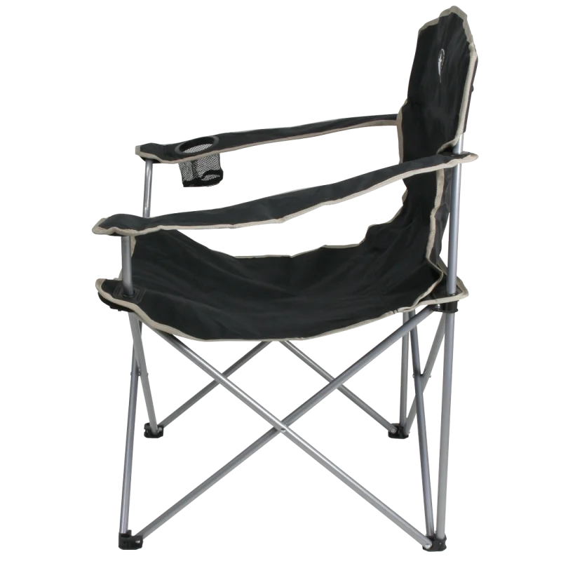Sedia da campeggio pieghevole 10T Quickfold Easy nera con struttura in metallo, braccioli, portabicchieri integrato e capacità massima 120 kg, ideale per campeggio, pesca e outdoor.