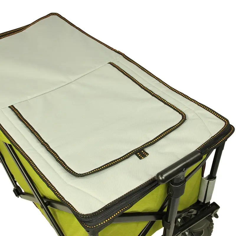 Carro plegable 10T Cooler Trolley con bolsa térmica integrada y cubierta, estructura robusta negra, tela verde y gris, ruedas grandes, ideal para playa, picnic y excursiones familiares al aire libre.