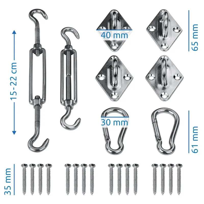Set de montage yourGEAR Fix-It Tarp en acier inoxydable, 24 pièces : 2 tendeurs 15-22 cm, 4 plaques murales 40x65 mm, 2 mousquetons 30x61 mm, 16 vis 35 mm, pour fixation de voile d’ombrage.