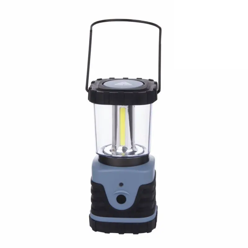 10T HPL 500 camping lantern in blue with 4 COB LEDs, 500 lumens, 12W, black handle, rugged design, transparent housing, and splash-proof body for outdoor use.