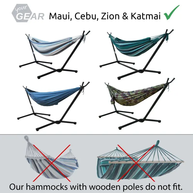 Estructura para hamacas yourGEAR de hasta 350 kg, color gris oscuro, apta para hamacas de 260-350 cm sin barras de madera; muestra ejemplos de hamacas compatibles y no compatibles. Ideal para exterior.