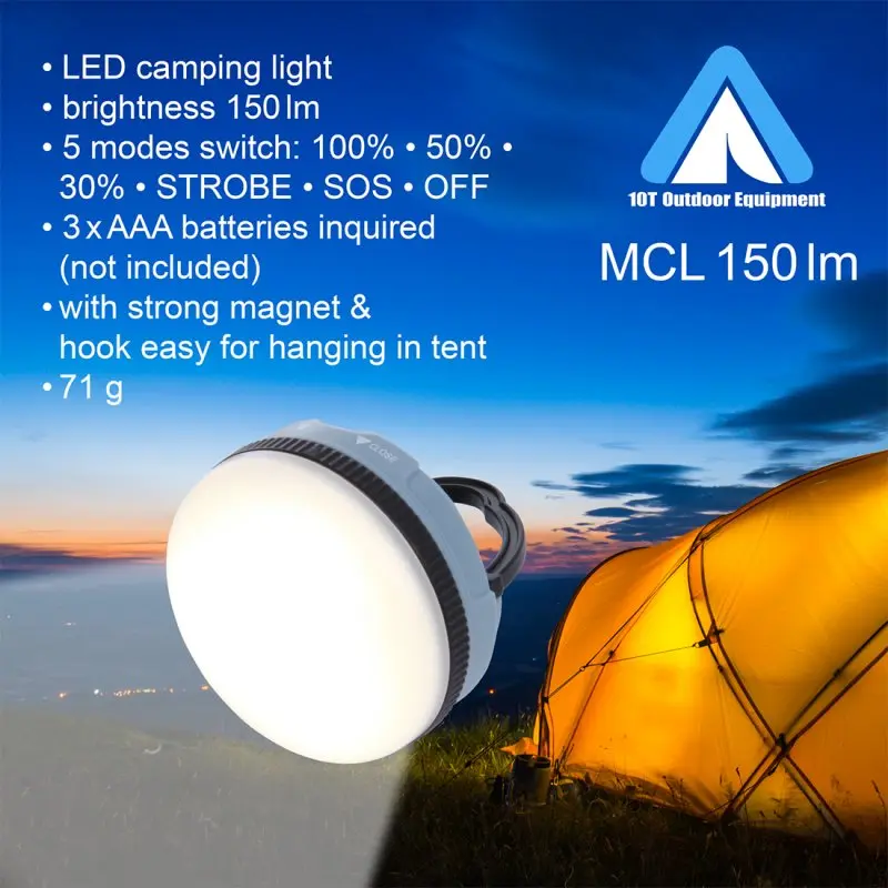Blue 10T MCL 150 LED camping lamp, 150 lumens, compact design, visible hook and magnet for hanging, shown glowing beside a yellow tent at sunset, 5 light modes, lightweight at 71g.