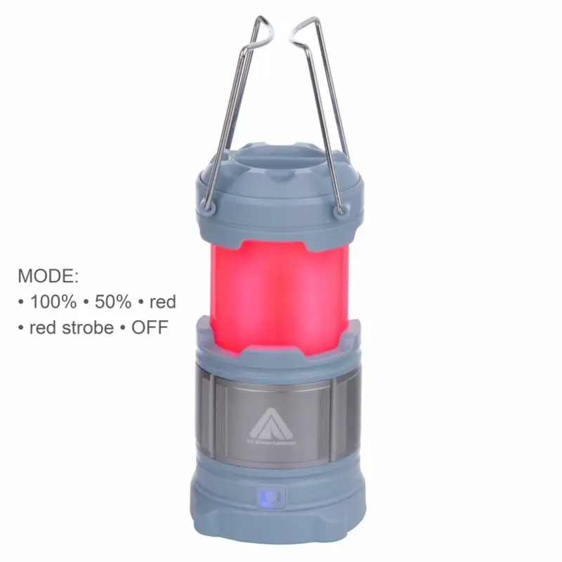 Blue 10T CPL 185 camping lantern with 15 LEDs, 185 lumens, red light mode activated, foldable metal handles, 4800mAh power bank function, and mode options shown on the left. Suitable for outdoor use.