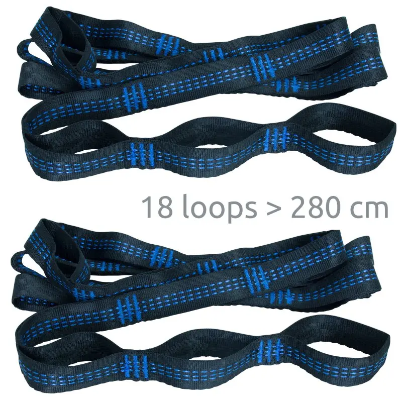 Sangles yourGEAR pour hamac, 2 pièces de 280 cm, 18 boucles, noir avec coutures bleues, pour accrocher hamac ou fauteuil suspendu, capacité jusqu’à 350 kg, robustes et réglables.